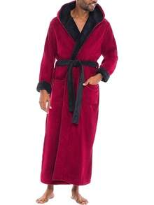 Mens Robe With Hood, Plush Fleece Hooded Mens Bathrobe, Big And Tall Bath Robe For Menhalloween - Burgundy With Black - View 1