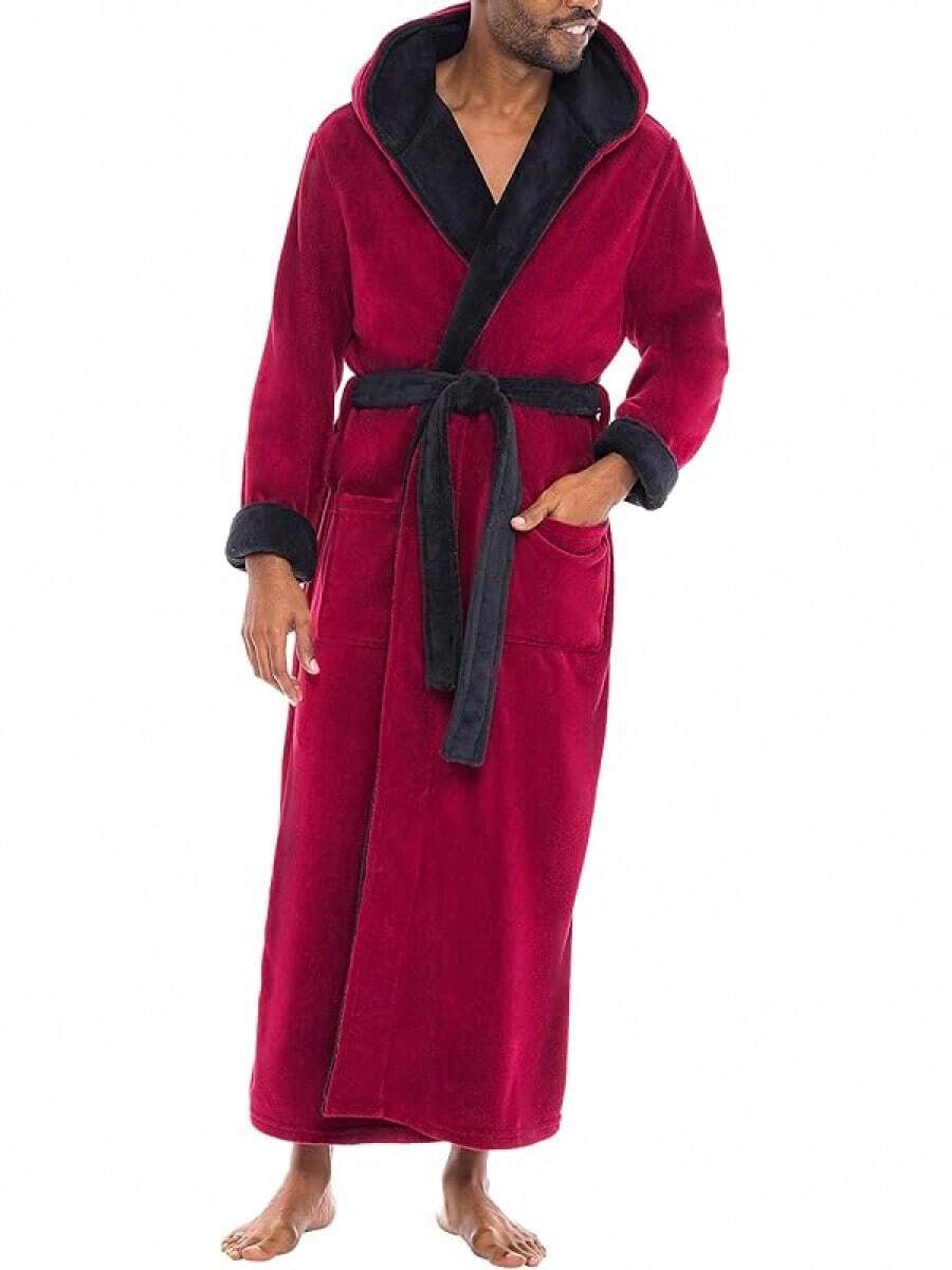 Mens Robe With Hood, Plush Fleece Hooded Mens Bathrobe, Big And Tall Bath Robe For Menhalloween - Burgundy With Black - View 1