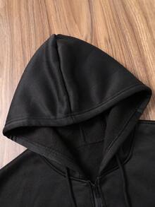 Autumn And Winter Plus Size Women's Clothing, Halloween "Pumpkin Letters" Cartoon Print Retro Plus Size Zipper Sweatshirt Jacket, Korean Style Comfortable Retro Fashion Commuting Versatile Y2k Clothing Women's Clothing, With Hood Design, Suitable For Outdoor Leisure, Black Thermal Lined Casual Women's Hooded Jacket - Black - View 4