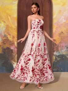 VIPGIRL 象牙红花卉刺绣无肩带薄纱A字晚礼服，浪漫长款正式礼服，优雅无袖正式礼服，甜心领花卉网纱舞会礼服，婚礼宾客派对礼服 - 杏色 - 查看 6