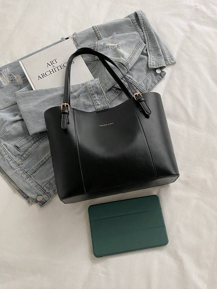 Bolso de tote de gran capacidad en color negro para mujeres, bolso de hombro minimalista de piel de PU con cierre de hebilla, bolso de trabajo y de uso diario adecuado para la oficina, la escuela y las compras - Negro - Añade 8