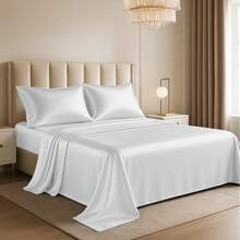 4-Piece Satin Sheet Set Lux Décor Polyester Silky Soft & Breathable – Deep Pocket Fitted Sheet For Home Decor- Graduation Gifts, Home Decor, Sleep Protection For Dorms, Student Beds, Back-To-School Gift, Valentine's Day Bedroom, Spring Bedding Refresh, Guest Room Essentials, Dorm Room Bedding, Premium Bed Linens, Easy Care Sheets, Hypoallergenic Fabric, Year-Round Comfort, Master Bedroom Update, Matching Bedding Set, Hotel Quality Linens, Wrinkle-Free, Cooling Touch, Modern Style - Màu xám bạc - Xem 1