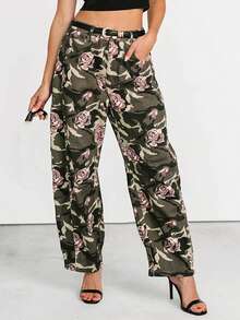 Womens Camo Rose Jeans High Rise Barrel Leg Denim Pants With Pockets Casual Long Trousers For Outdoor Office - 軍綠色 - 查看 2