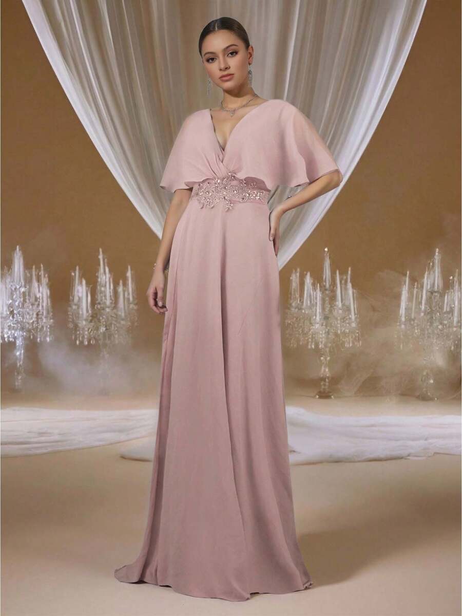 Chiffon V-Neck Cape Sleeve Cinched Waist Embroidered Pink Maxi Dress, Elegant Party Cocktail Wedding Guest Outfit - Baby Pink - View 1
