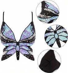 Woms Glitter Sequin Crop Top Low-Cut Top Rave Tube Vest Top Belly Dance Costume Outfits - 金色&藍色&粉紅色蝴蝶 - 查看 10