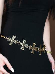 1 Women's Golden And Silver Cross Waist Chain, Elegant And Versatile, Fashionable Street Style, Women's Metal Belt, Match With Dress, Daily Use - 金色 - 查看 6