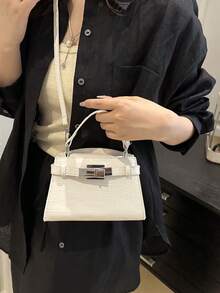 1 Túi đeo vai mini thời trang màu trơn thanh lịch họa tiết da cá sấu dập nổi dành cho nữ, có dây đeo và khóa kim loại, Túi vuông thường ngày, Túi đeo chéo thời trang đường phố đa năng, Thích hợp để mua sắm, đi làm, phối đồ hàng ngày, Tuyệt vời cho phụ nữ sử dụng hàng ngày, Túi thời trang dành cho quý cô - trắng - Xem 4