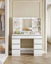 HEXCELEN Large Dressing Table With LED Lighting, 10 LED Light Balls, 3 Colors, Adjustable Brightness, Dressing Table With Mirror, 9 Drawers, 9 Open Shelves, Modern Style, White-Silver - Phích cắm loại C của EU (220-240V) - Xem 1