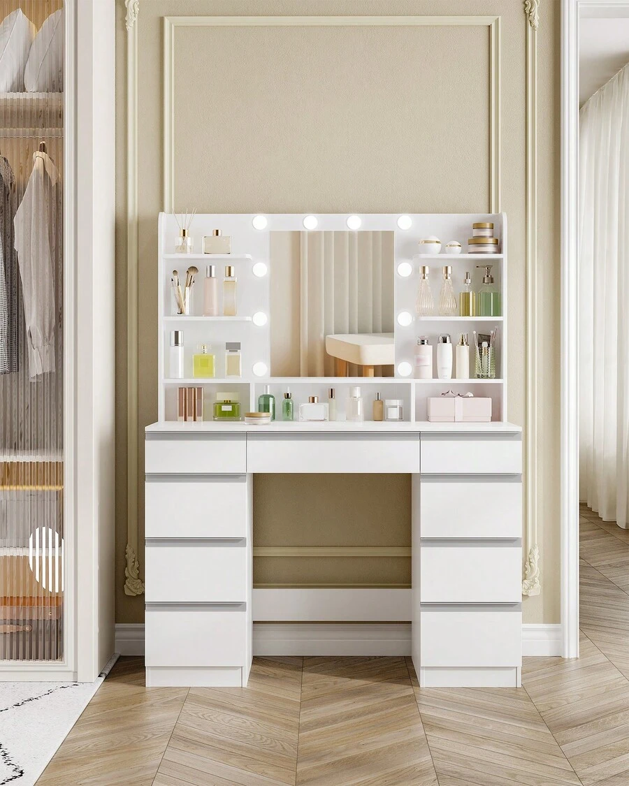 HEXCELEN Large Dressing Table With LED Lighting, 10 LED Light Balls, 3 Colors, Adjustable Brightness, Dressing Table With Mirror, 9 Drawers, 9 Open Shelves, Modern Style, White-Silver - Phích cắm loại C của EU (220-240V) - Xem 1