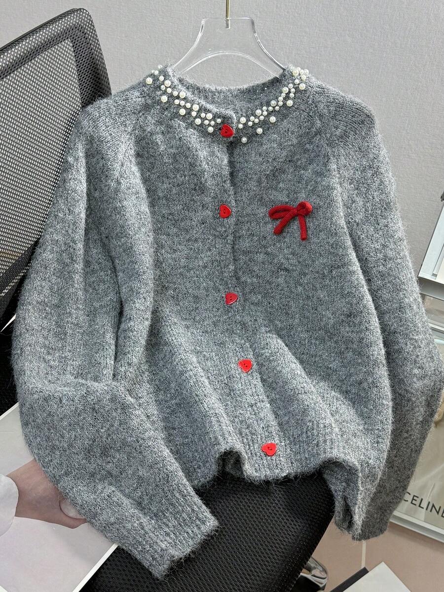 JIANHU Cárdigan con adorno de perlas en gris claro - Cárdigan de punto de otoño/invierno con lazo rojo y detalles de botones, para fiesta de Navidad y cita de Año Nuevo