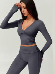 NcmRyu 1 Set Women Comfortable Casual Solid Color Loose Straight Leg Relaxed Fit Workout Running Outdoor Long Sleeve Top And Pants Sports Suit Spring - 灰色 - 查看 7