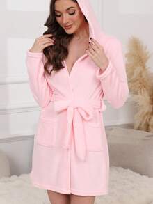 1 件女士纯色开衫浴袍，简约系带睡袍，春/秋/冬，秋季，舒适服装 - 粉色 - 查看 4