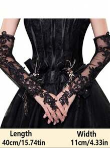 1 Pair Women's Floral Pattern Long Half-Finger Gloves, Autumn/Winter Knitted Fingerless Gloves - A - View 6