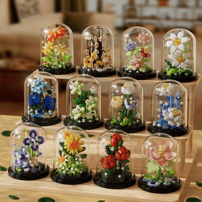 1 花朵积木，DIY 彩色花朵系列积木，装饰花束，情人节礼物，生日礼物，新年礼物，迷你积木，桌面装饰，减压，缓解压力，可爱积木