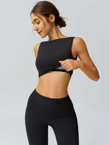 NcmRyu 1 Set Women's Fashion Solid Color Minimalist Casual Versatile Fitness Yoga Running Exercise Tank Top And Pants Sports Suit - 黑色 - 查看 7