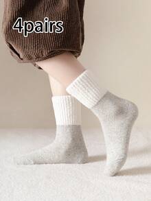 4 Pairs Kids Autumn/Winter Student High Elastic Faux Lamb Fleece Thick Colorblock Mid-Calf Socks - Multicolor - View 22