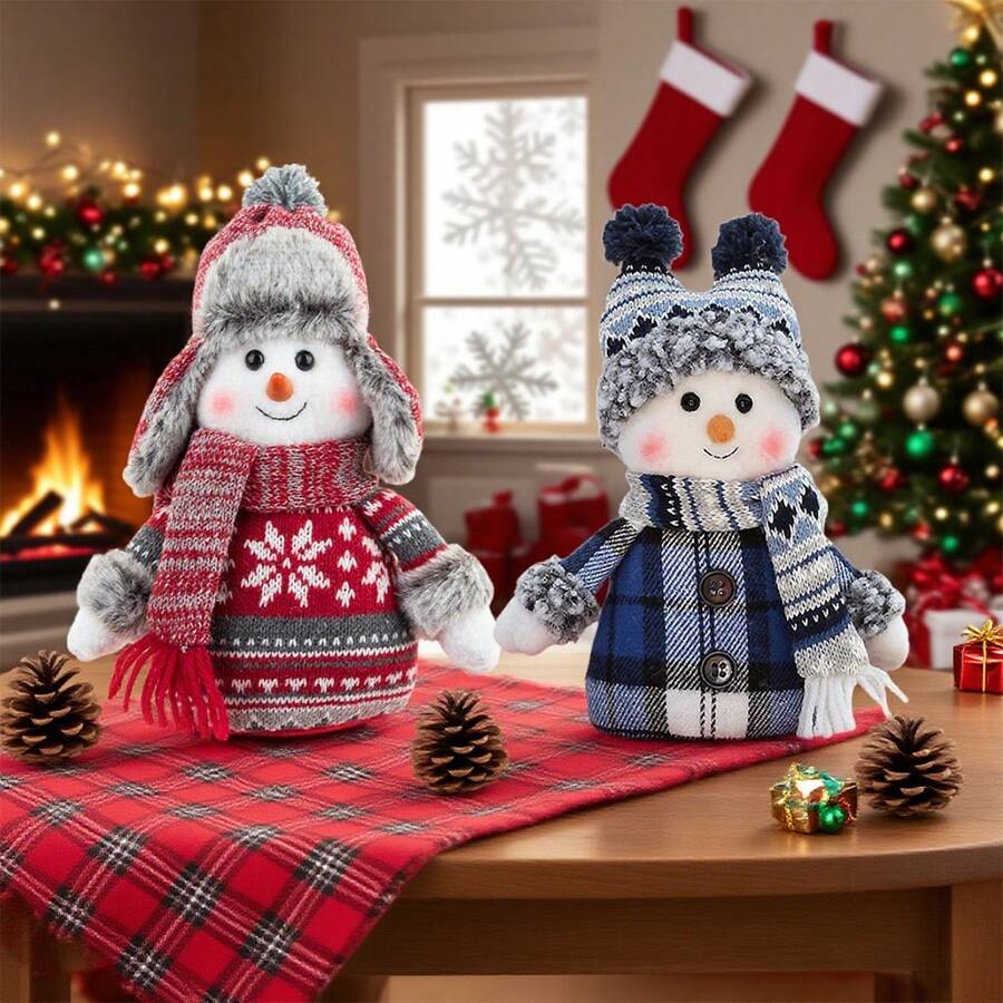 قطعة واحدة أو قطعتان من تزيينات وزينات رأس رجل الثلج بقبعات الفنغ الحمراء والزرقاء ذات الحواف المزدوجة، مناسبة لديكور المنزل والمكتب وحفلات عيد الميلاد، دمية ثلجية لديكور المنزل والغرفة والشتاء وهدايا عيد الميلاد