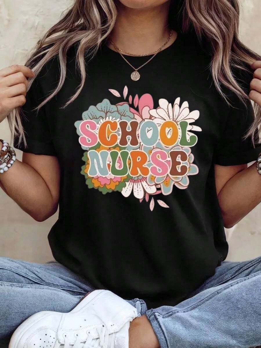 Womens Summer Tops School Nurse Shirt, School Nurse Gift For School Nurse, School Nurse TShirt, Back To School Nurse Tee, Cute Retro School Nurse T-Shirts Oversized Graphic Tees For Women,Casual Round Neck Short Sleeve T-Shirt Fashionable Dressing - black003 - 查看 1