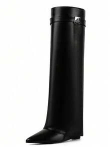 Sexy Fashion Women Fold Over Boots Pointed Toe Chunky Heels Metal Knee High Boots Nightclub Elegant Luxury Shoes - 黑色 - 查看 2