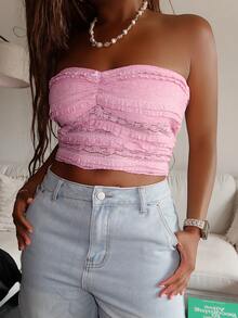 Tyla Gomez Women's New Solid Color Elegant Romantic Lace Bow Ruffle Gathered Bust Pink Bandeau Top - Pink - View 6