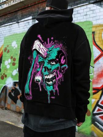 Men's Dark Gothic Street Hoodie - Grim Reaper Skull Print, Dark Style Loose Fit Pullover, Fall