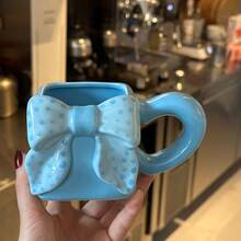 1pc Creative Minimalist Square Ceramic Coffee Mug With Hand-Painted Bow Design, Suitable For Home Use - Multicolor - View 6