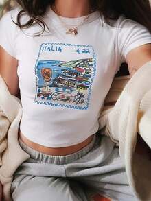 Y2K Style Women's Summer Top - Cropped-Shirt. Italy Style Stamp Pattern White Short Sleeve-Shirt. Daily Casual Wear, Campus Apparel, Women's Vacation Outfits - 白色 - 查看 1