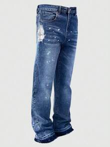 leev Flared Jeans, Paint Splatter Washed Denim Jeans, Lightweight Business Casual Slim Fit Distressed Hem Jeans For Men, Versatile For All Seasons With Button & Zipper Closure, Straight Leg - Baby Blue - View 4