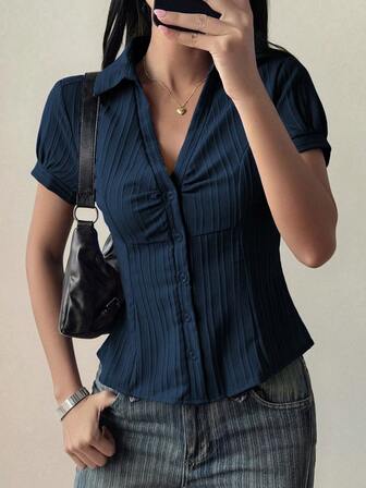 Sunny Girly Autumn Women's Y2K Back To School College Style Pure Sensual, Chest Pleated Design Solid Color Fitted Shirt Top