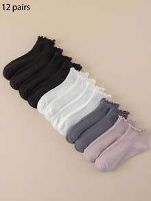 6/12 đôi cho nữ, viền tai nhún bèo đen trắng, thoáng khí và sảng khoái, phong cách Ins, tất mắt cá chân phong cách đại học, ở nhà, đi làm, dự tiệc, quà tặng ngày lễ tình nhân - Nhiều màu - Xem 23