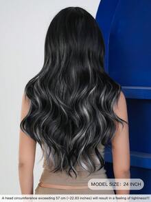 24 Inch Long Wavy Black White Highlight Wig With Curtain Bangs For Women Heat Resistant Fiber Hairpiece,Natural Synthetic Full Machine Hair Wigs For Daily Music Festival Party Wear, Cosplay Halloween & Street Photography Use - 挑染白色 - 查看 2