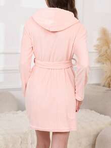 1pc Women's Solid Color Ribbed Robe, Minimalist Belted Sleepwear Bathrobe, Spring/Autumn/Winter, Fall - Pink - View 3
