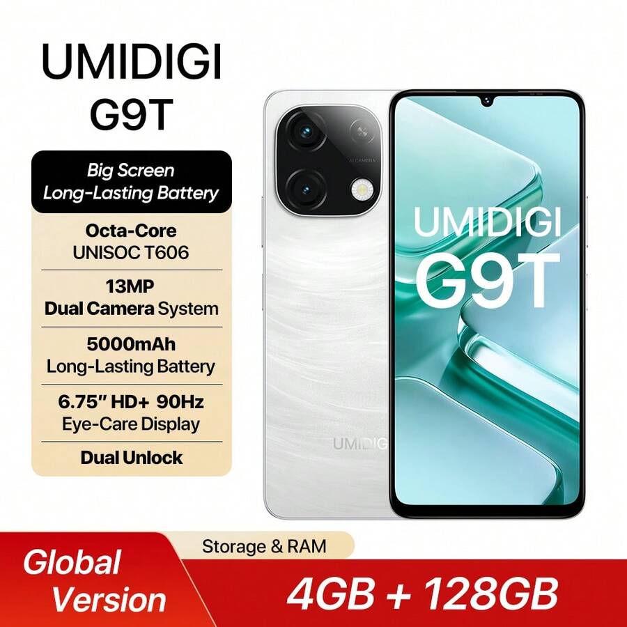 UMIDIGI G9T Smartphone Versión Global, Android 14, 8GB+128GB Expandible a 1TB, Pantalla HD+ de 6.75" a 90Hz, Cámara de 13MP, Batería de 5000mAh, Desbloqueo Facial y de Huella Digital, 4G Dual SIM, GPS - Blanco - Ver 1