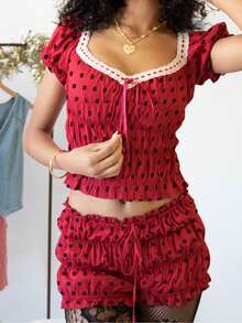 Women's Summer Pajamas Set Solid/Dot Print Lace Trim Smocked Short Sleeve Tops And Shorts Lounge Wear 2 Pcs Set - Red (polka Dots) - View 6
