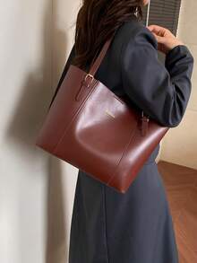 Large Capacity Black Tote Bag For Women, Minimalist PU Leather Shoulder Handbag With Buckle Closure, Fashion Commuter Work Bag Suitable For Office, School, Shopping, Daily Use - Brown - View 3