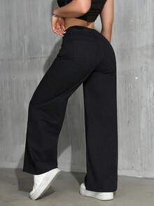 IDYLLIC Pantalon jeans de mezclilla estilo corte ancho tretch para dama mujer push up cintura alta urbano con bolsas traseras - Negro - Ver 4