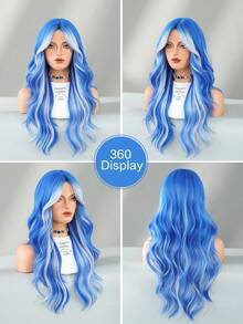 24 Inch Long Wavy Blue Grey Highlight Wig With Curtain Bangs For Women Heat Resistant Fiber Hairpiece,Natural Synthetic Full Machine Hair Wigs For Daily Music Festival Party Wear, Cosplay Halloween & Street Photography Use - 挑染藍色 - 查看 6