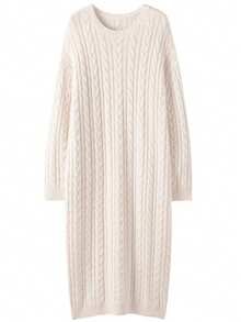 Damen Aprikot strukturiertes Strickkleid, Rundhals Oversized Longpullover, dicker warmer Pullover Strickware für Herbst/Winter - Aprikosenfarben - Übersicht 1