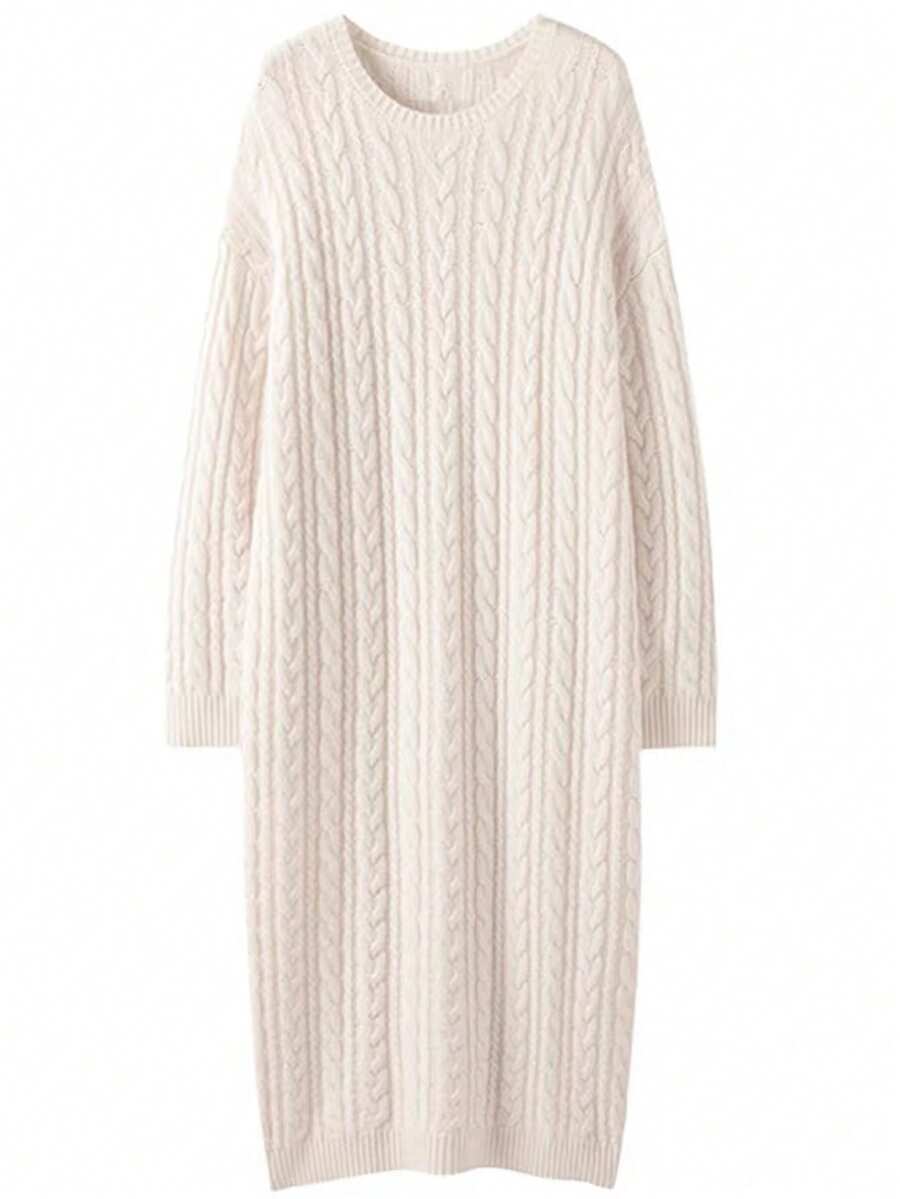 Damen Aprikot strukturiertes Strickkleid, Rundhals Oversized Longpullover, dicker warmer Pullover Strickware für Herbst/Winter - Aprikosenfarben - Übersicht 1