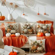 MEMNUN 4pcs Vintage Pumpkin, Floral, Leaf, Bow Print Polyester Decorative Throw Pillow Covers [No Pillow Insert], 17.7*17.7in(45*45cm)/19.69*19.69in(50*50cm)/15.75*15.75in(40*40cm), [Single-Sided Printing] Autumn Harvest Daily Decor Cushion Covers For Sofa, Bed, Living Room, Bedroom, Car, Office, Hotel, All Season, Perfect Gift For Family And Friends - Multicolor - View 9