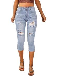 Vetinee High Waisted Skinny Slim Fit Capri Jeanshalloween - Màu xanh mềm mại cổ điển - Xem 1