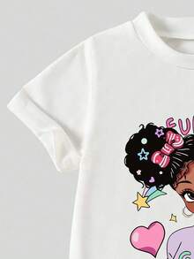 女童卡通印花短袖上衣和工装裤套装 - 白色 - 查看 7