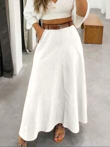 Solid Color High Waist Skirt With Pockets On Both Sides And Wide Hem - trắng - Xem 2