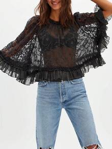 Women Long Sleeve Eyelet Ruffle Trim Button Down Blouse Shirts Y2k Tie Front Lace Floral Sheer Mesh Flowy Crop Tops People Going Out - màu đen - Xem 3