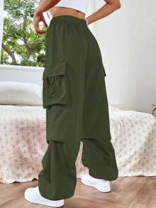 1pc Teen Girls Loose Versatile Flap Pocket Side Drawstring Outdoor Cargo Pants Spring Summer Autumn Winter Back To School - Army Green - View 3