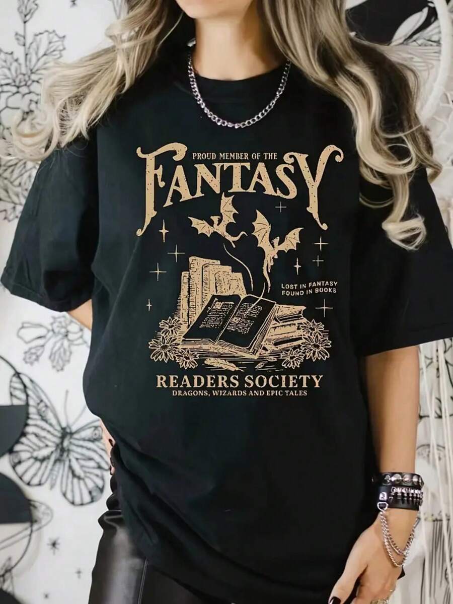 100% Cotton Vintage-Style Women's Short-Sleeved T-Shirt, Loose Round-Neck Casual Top, Featuring Patterns Of The Fantasy World Readers' Association And The Magic Book Flying Dragon, Suitable For Daily Wear, Suitable For All Seasons, Comfortable And Easy To Clean, Women's T-Shirt - 黑色 - 查看 1