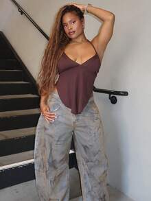 Tyla Gomez 女士夏季纯色不对称下摆露背吊带背心，带系带设计 - 棕色 - 查看 1