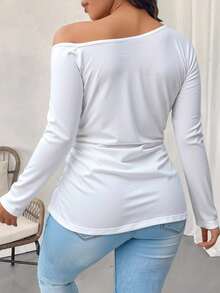 Blusa de manga larga de punto con cuello asimétrico, talla grande, color blanco, ajuste regular, con estiramiento medio