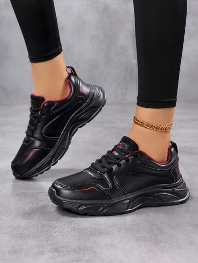 2026新款秋冬黑色皮革鞋面女士轻便跑步鞋，减震防滑软底休闲鞋，多功能健身训练鞋，女士步行鞋