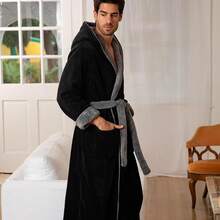 Mens Robe With Hood, Plush Fleece Hooded Mens Bathrobe, Big And Tall Bath Robe For Menhalloween - Black With Gray Contrast - View 2